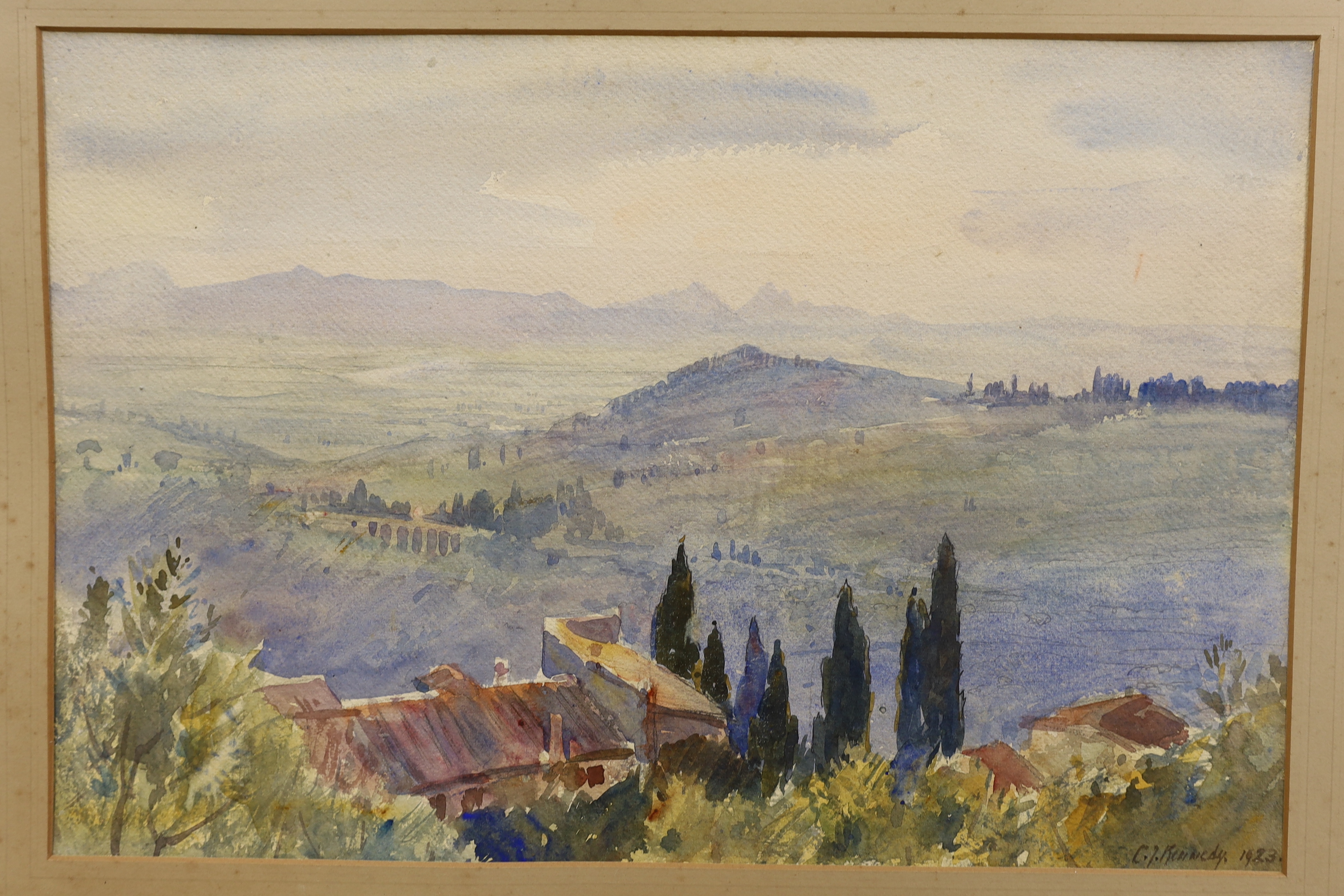 Edward Wesson (1910–1983) sepia watercolour, Figures before a church, label verso, 35 x 25cm and five various watercolours comprising Still life of flowers, Mountainous landscape, Bird on a branch and two further landsca
